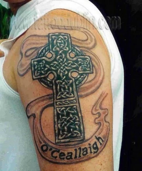 Left Half Sleeve Banner And Celtic Cross Tattoo