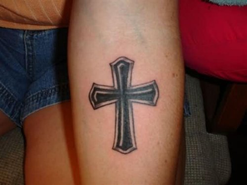 Amazing Black Ink Cross Tattoo On Arm