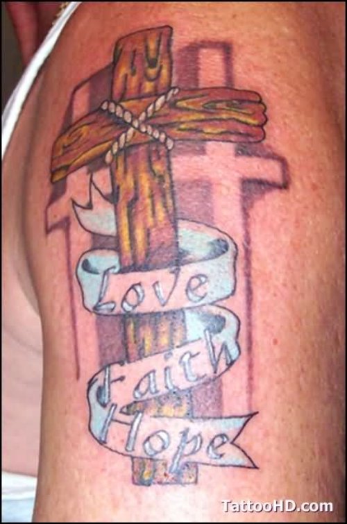 Love Banner And Cross Tattoo On Left Half Sleeve
