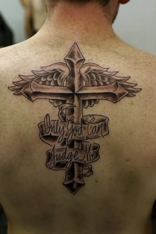 Wings Cross Tattoo With Banner