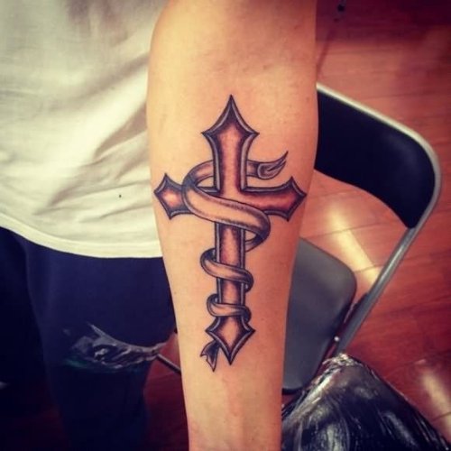 Forearm Cross Tattoo With Banner
