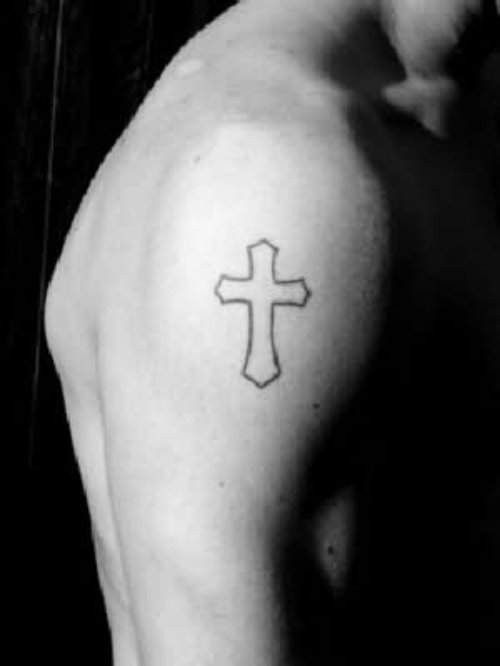 Simple Cross Outline Tattoo On Shoulder