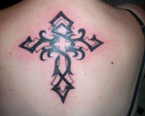 Awesome Black Tribal Cross Tattoo On Back