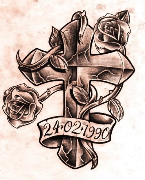 Cross With Memorial Banner Tattoo Design