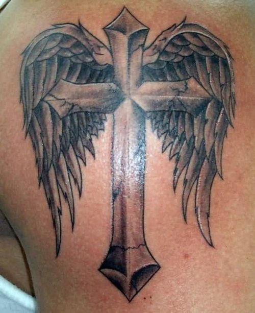 Winged Cross Tattoo On Back Shoulder