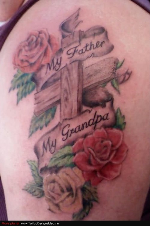 Rose Flowers And Cross Tattoo On Left Half Sleeve