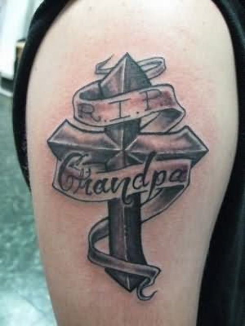 Right Shoulder Grandpa Banner And Cross Tattoo
