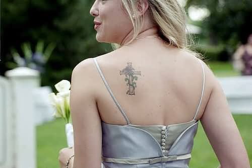 Girl Left Back Shoulder Cross Tattoo