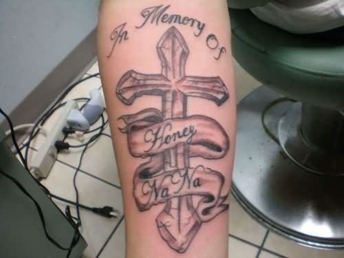 Banner And Cross Tattoo On Arm