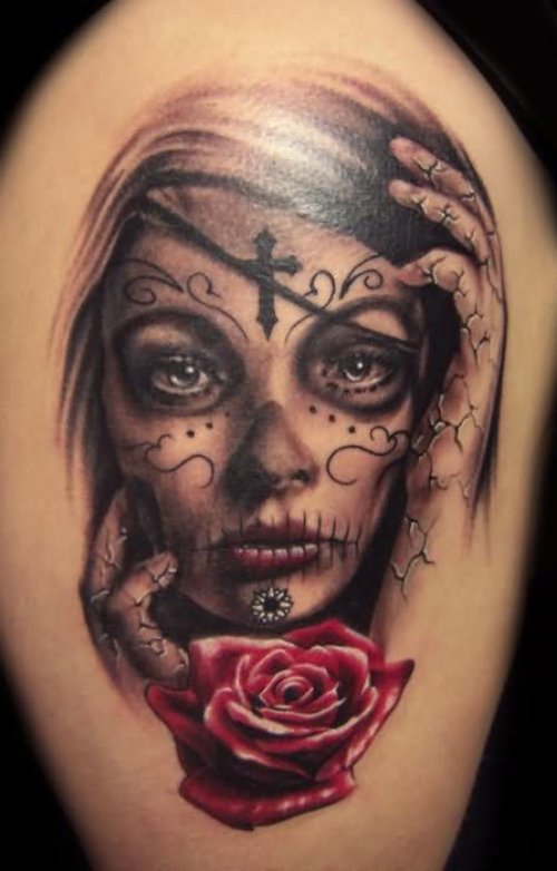 Red Rose And Cross On Girl Forehead Tattoo