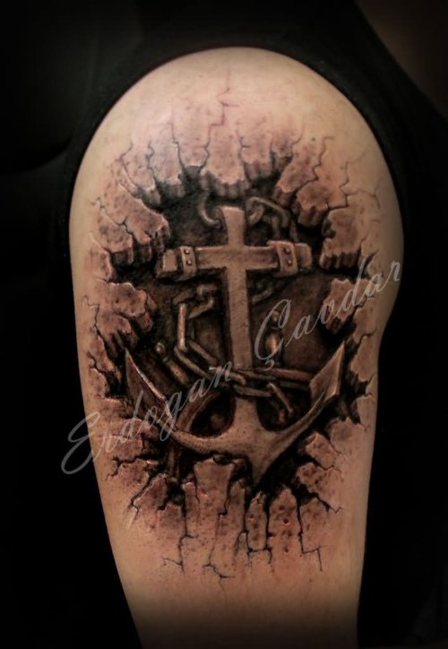 anchor And Cross Tattoo On Bicep