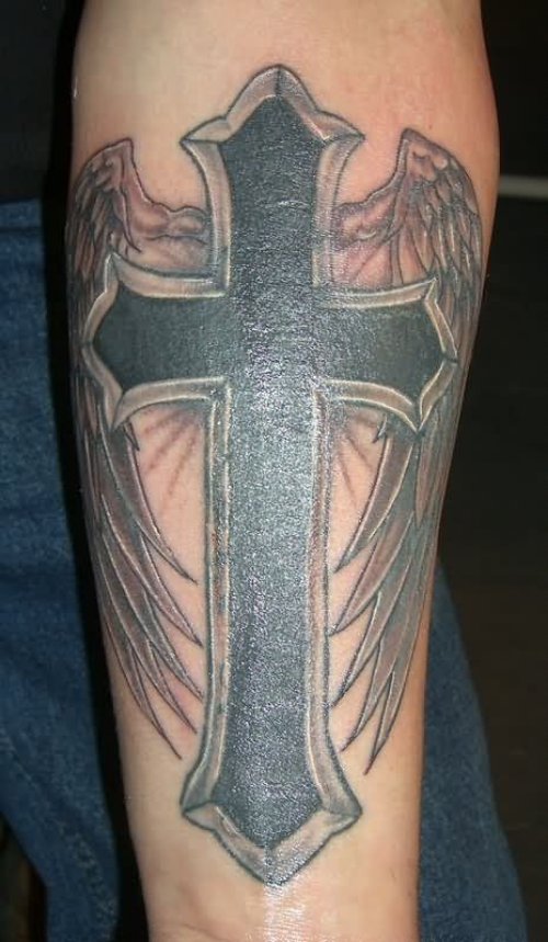 Winged Cross Tattoo On Forearm