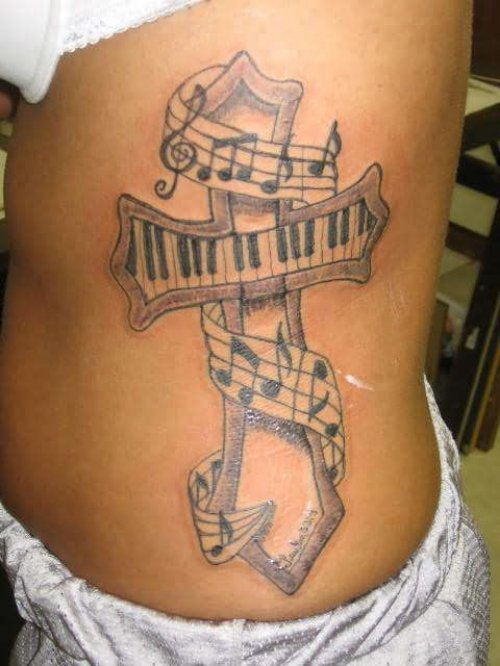 Piano Keys Cross Tattoo On Left Rib Side