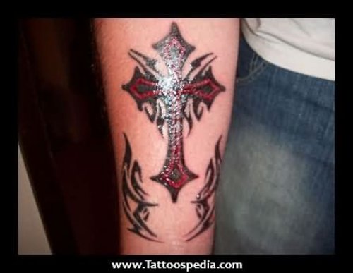 Tribal And Cross Tattoo On Right Arm