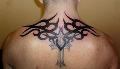 Black Tribal Cross Tattoo On Upperback