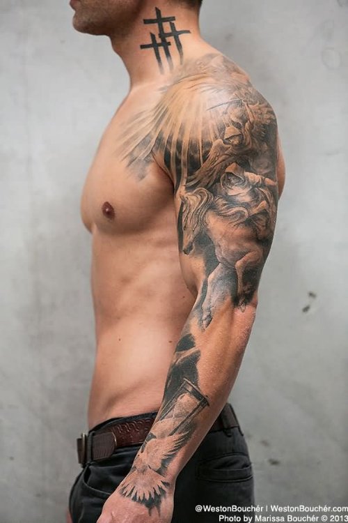 Man Full Sleeve Cross Tattoo