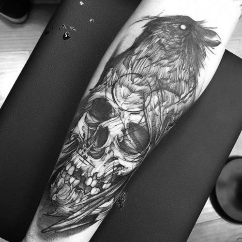 Grey And Black Crow Tattoo On Sleeve