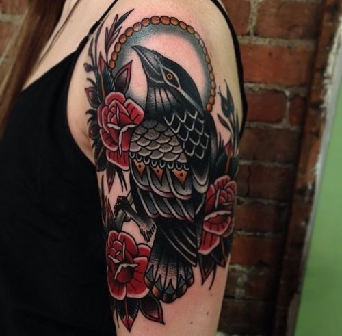 Crow Tattoo With Roses On Half Sleeve For Girls
