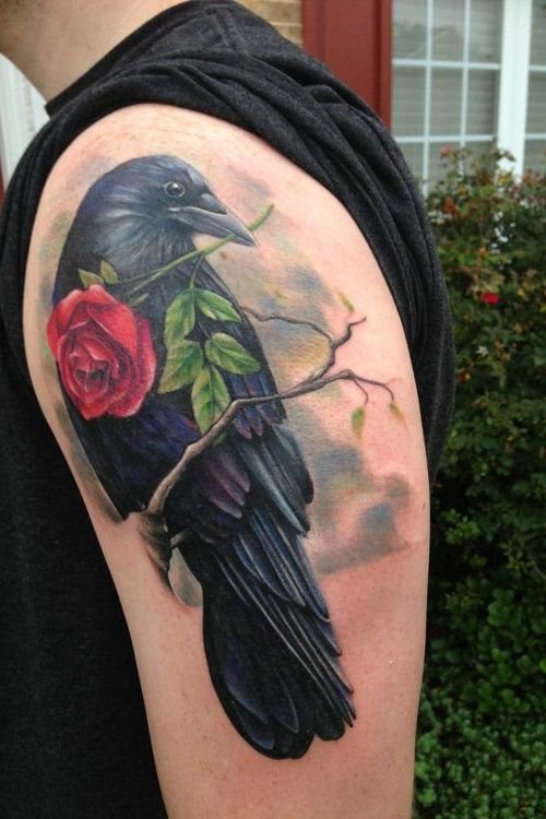 Crow With Red Rose In Beak Tattoo On Half Sleeve