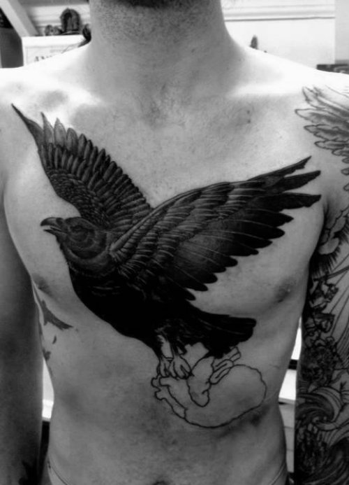 Outline Heart And Crow Tattoo On Front Shoulder