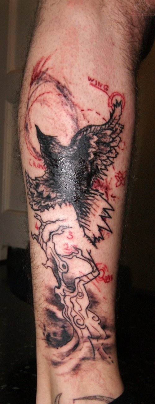 Old Tree And Crow Tattoo On Arm
