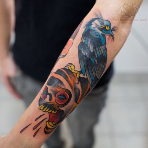 Color Skull And Crow Tattoo