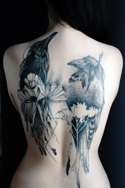 Abstract Crow Tattoo On Girl Full Back