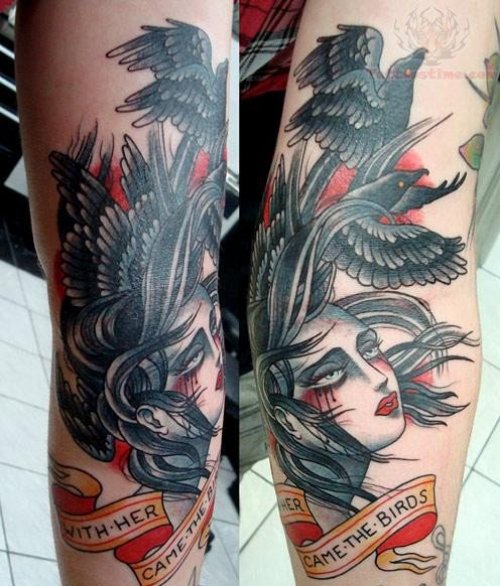 Girl Head And Crow Tattoo
