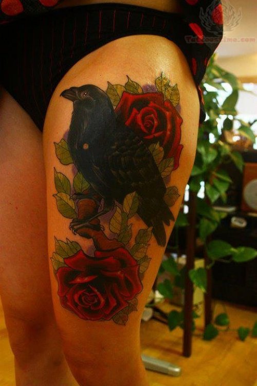 Red Roses And  Crow Tattoo On Thigh