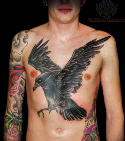 Flying Crow Tattoo On Chest