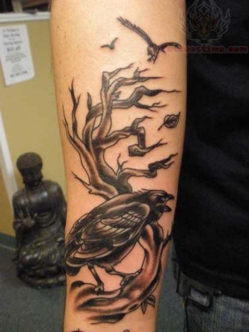 Tree And Crow Tattoo On Arm