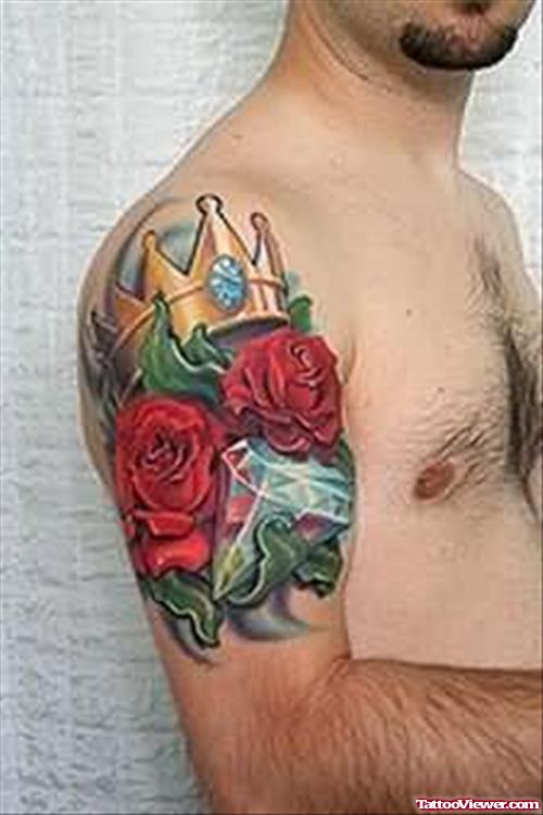 Colourfull Crown & Flowers Tattoo