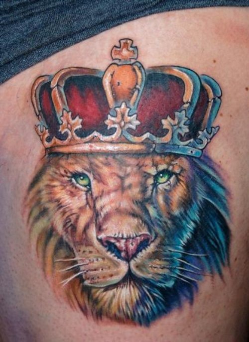 Realistic Lion With Color Crown Tattoo
