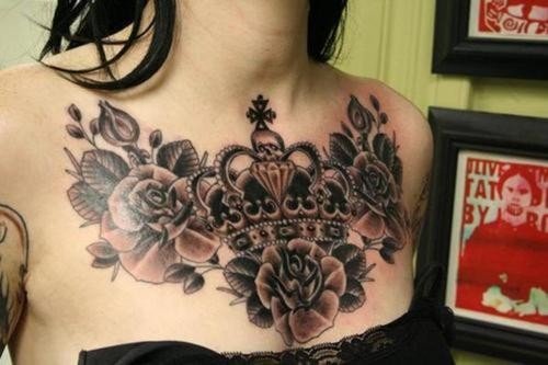 Black Ink Rose Flowers And Crown Tattoo On Chest