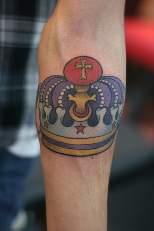 Color Crown Tattoo On Left Arm