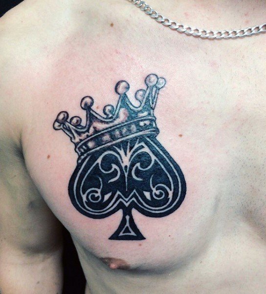 Ace Symbol And Crown Tattoo On Chest