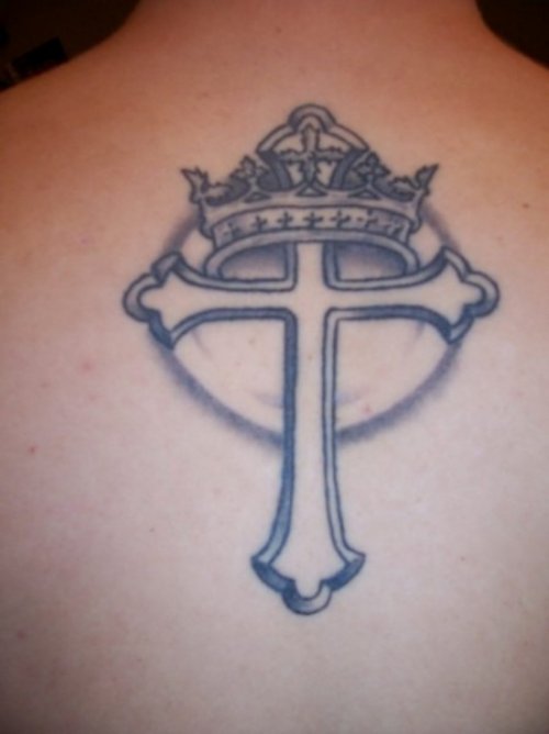 Grey Ink Cross And Crown Tattoo On Upperback