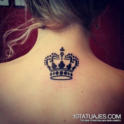 Amazing Black Crown Tattoo On Girl Upper Back