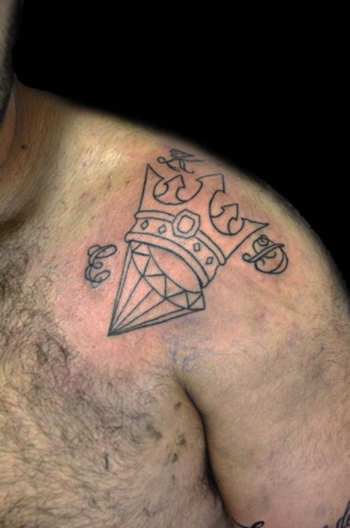 Nice Grey Ink Diamond And Crown Tattoo On Left Shoulder