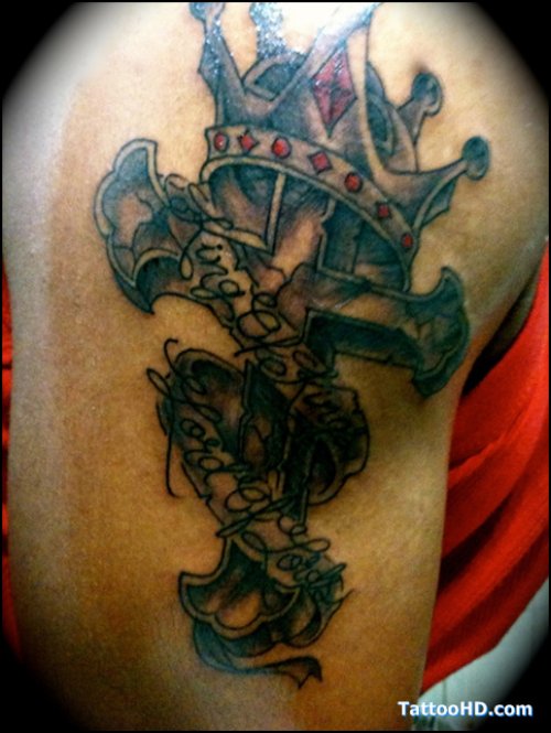 Colored Cross And Crown Tattoo On Right Half Sleeve