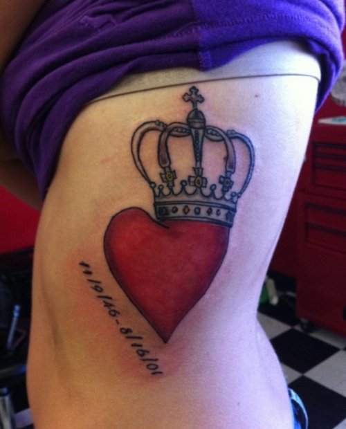 Red Heart And Crown Tattoo On Left Side Rib