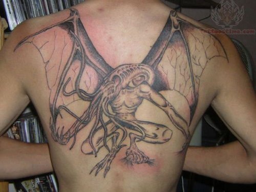 Winged Cthulhu Tattoo On Upperback