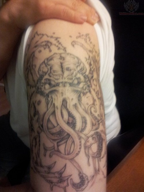 Grey Ink Cthulhu Tattoo On Half Sleeve