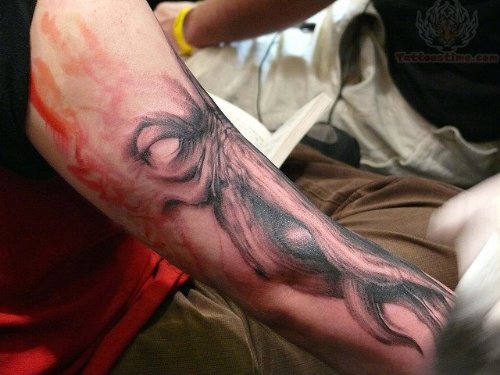 Grey Ink Cthulhu Tattoo On Arm