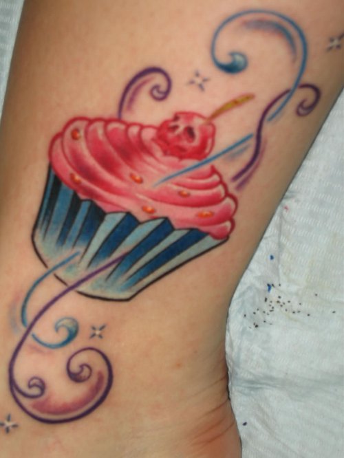 Beautiful Color ink Cupcake Tattoo On Sleeve
