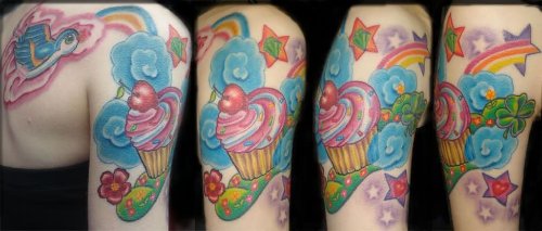 Flying Swallow And Cupcake Tattoo