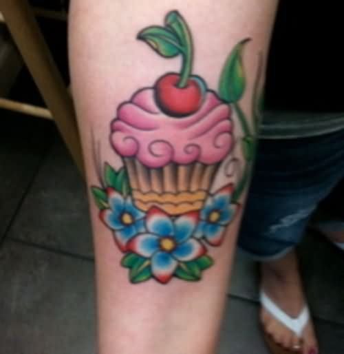 Blue Flowers and Cupcake Tattoo