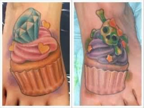 Beautiful Color Ink Cupcake Tattoos On Feet