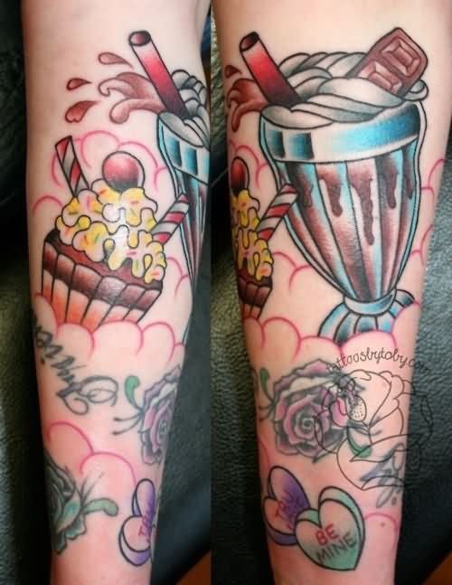 Colored Trophy And Cupcake Tattoos On Sleeve