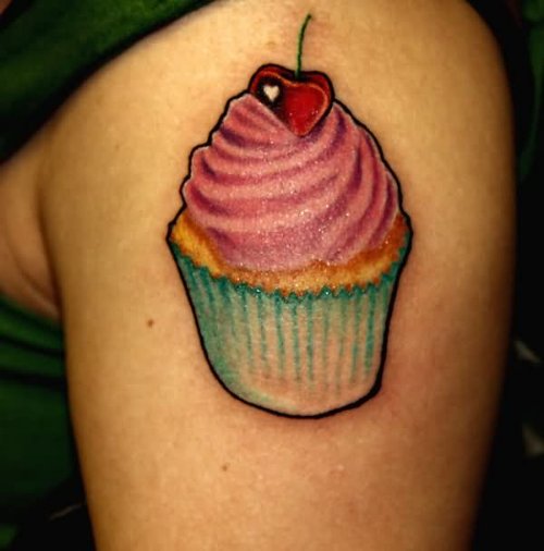 Color Ink Cherry Cupcake Tattoo on Shoulder